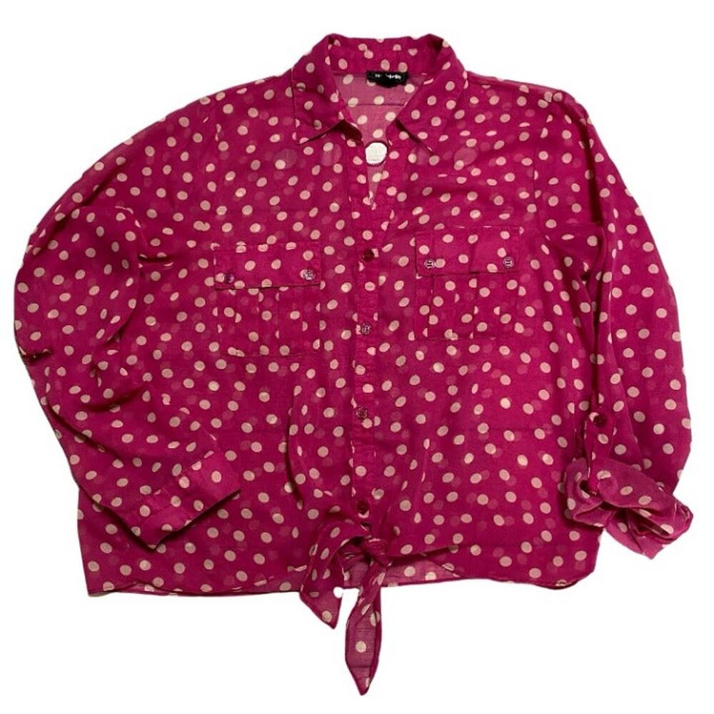 My Michelle Pink Dot Button Down Tie Sheer Top Barbiecore Size Large